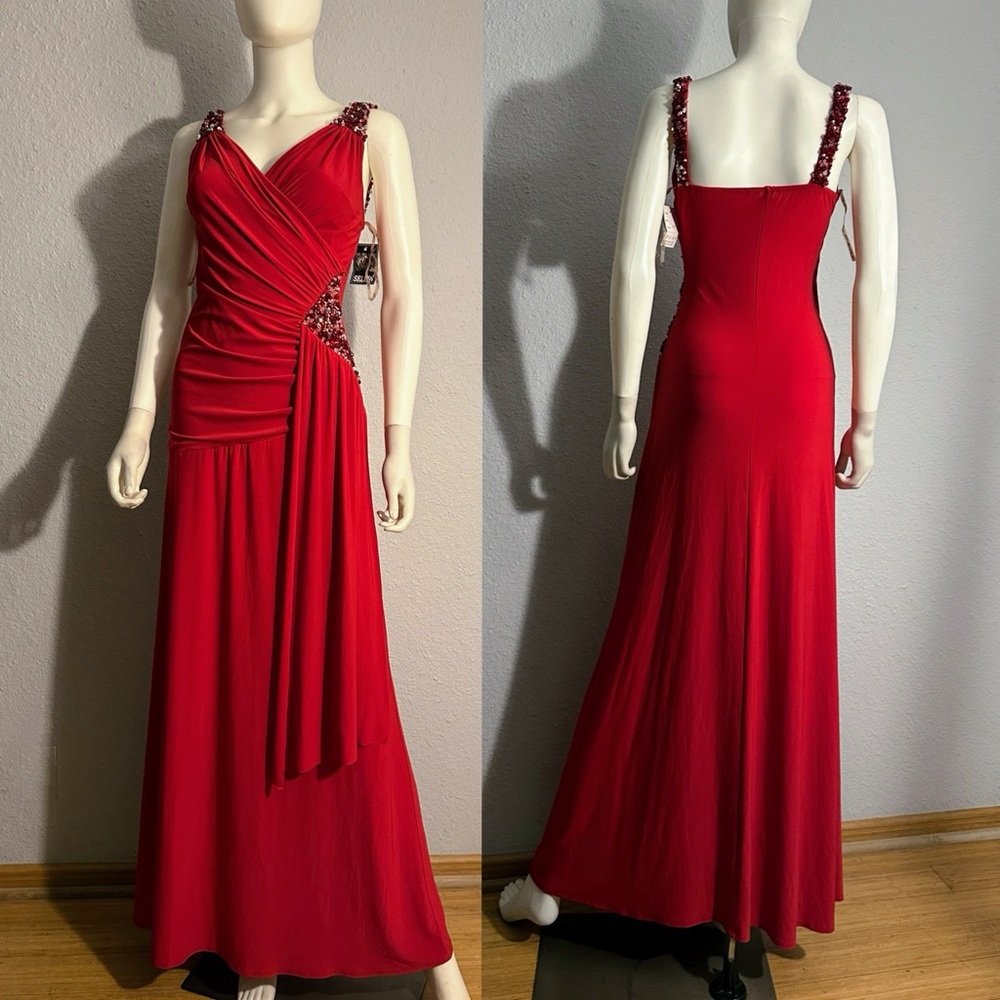 NWT WOMEN FORMAL A-LINE LONG WRAP DRESS EMBELLISHED SURPLICE‎ NECK BEADED GOWN